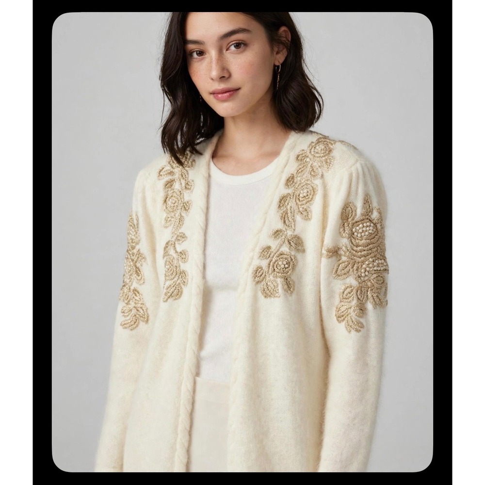 Madeleine Vintage Angora Blend Cardigan Cream Gold Floral Pearl Embroidery M